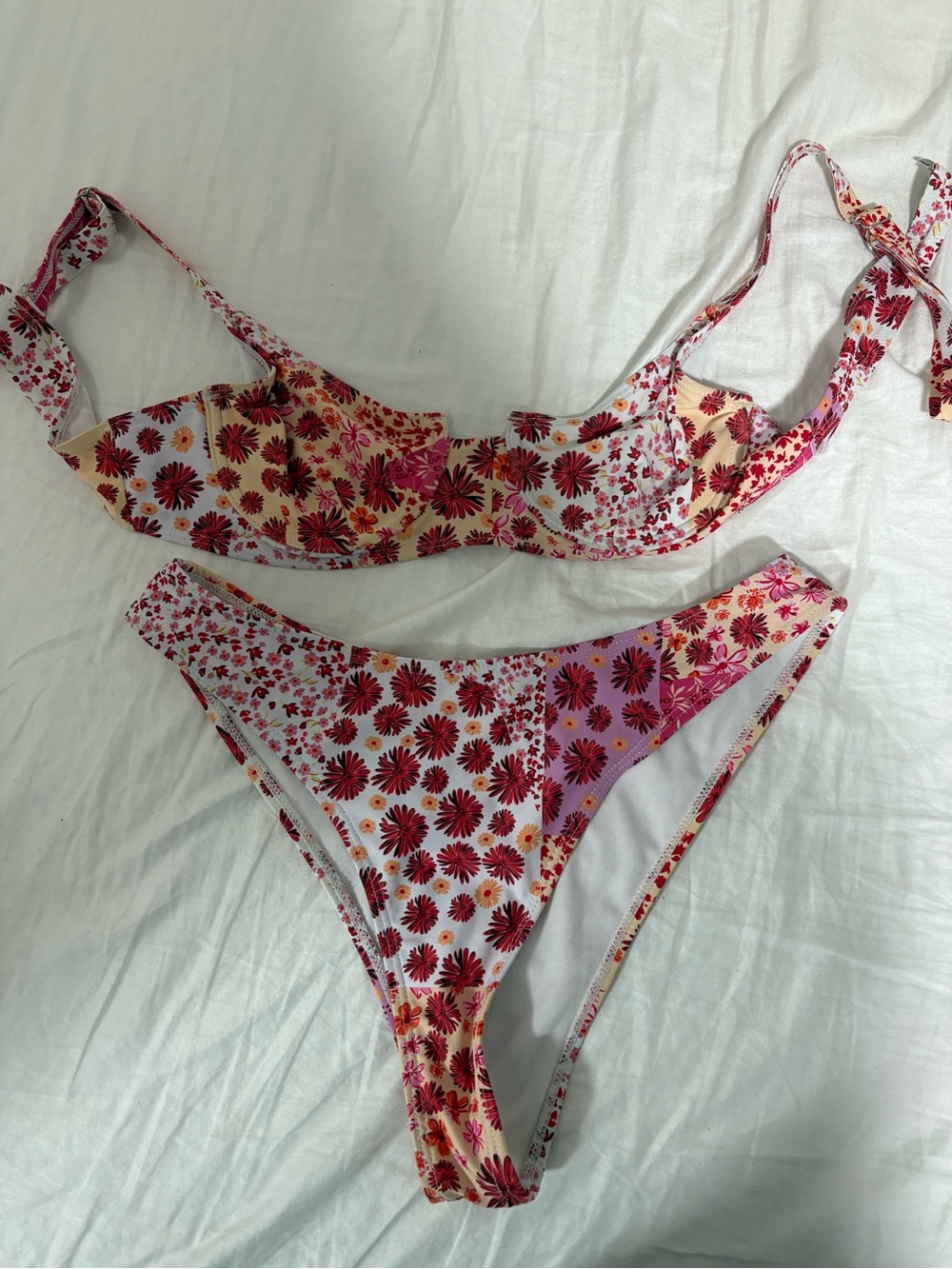 SHEIN Pink Red Floral Ruffle Bikini Set
